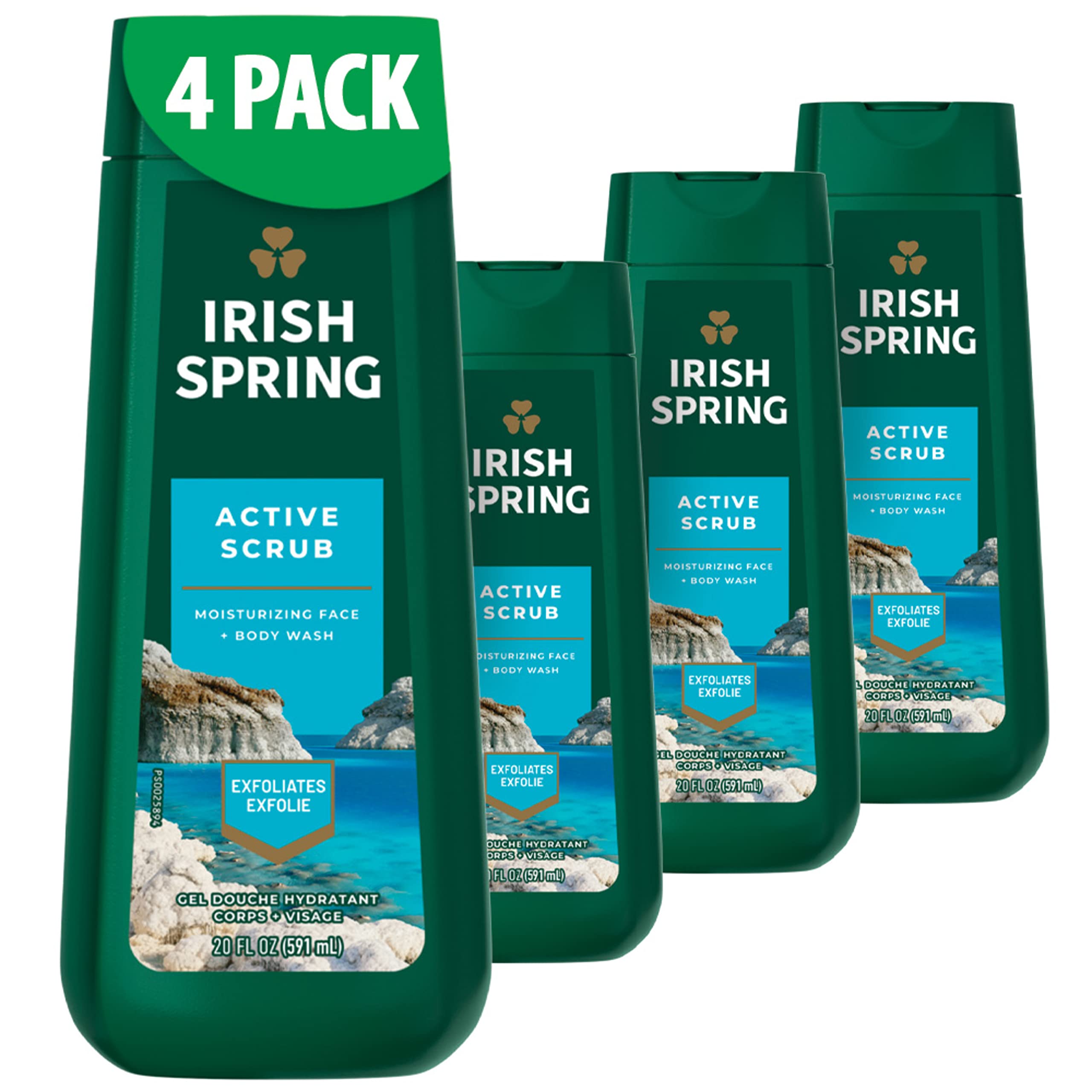 Irish Spring Mens Body Wash Active Scrub Exfoliating 20 Fl oz (Pack of 4)